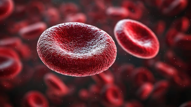 A Red blood cells are depicted detailed, magnified view, showcasing their unique structure and texture. This highlights importance of these cells