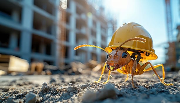 A small ant wearing construction helmet on building site, showcasing determination and hard work