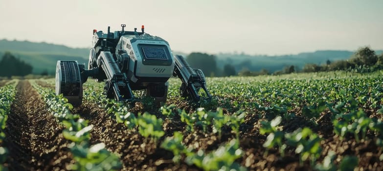 A futuristic agricultural robot navigates between rows of young crops, employing advanced sensors for targeted weeding. this high-tech machinery innovation in smart farming, optimizing efficiency and sustainability in agriculture.