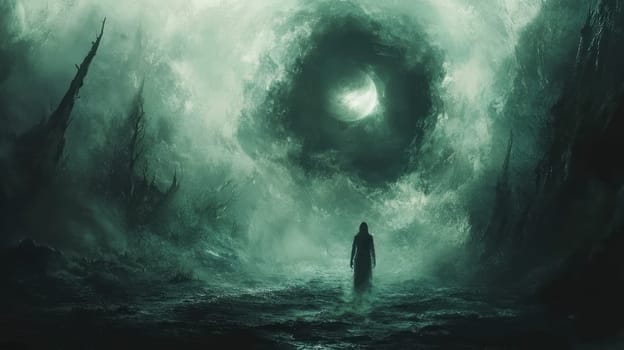 A mysterious figure walks through eerie landscape with swirling clouds and dark foliage, evoking sense of wonder and intrigue