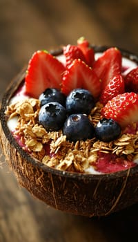 A vibrant smoothie bowl topped with fresh strawberries, blueberries, and granola, presented in a coconut shell. the colorful ingredients stand out against a pastel blue background, offering a refreshing and healthy food concept.