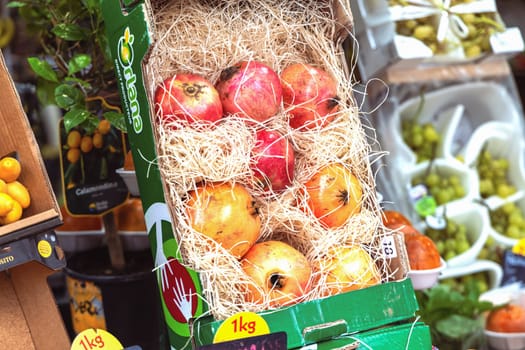Shop with various fruits outside. French fruit market. Paris, France - November 11, 2024