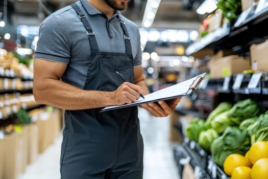 An Entrepreneur checking inventory on clipboard in grocery store, surrounded by fresh produce and organized shelves, ensuring quality control