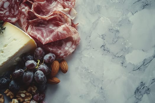 Elegant arrangement of artisanal cheeses, cured meats, almonds, and fresh grapes on a marble surface. ideal for upscale events or culinary promotions. the composition exudes sophistication and gourmet appeal, perfect for prom gatherings.