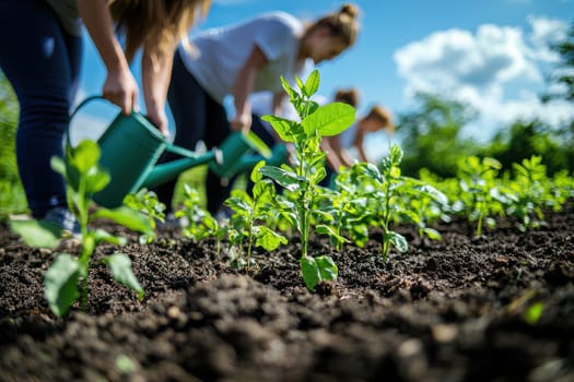 A Volunteers nurturing young plants with watering cans in sunny garden