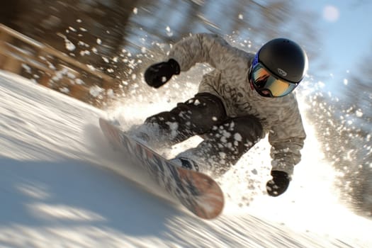 Winter thrill: snowboarder navigating snowy slopes of winter mountains, showcasing skill, adrenaline while enjoying breathtaking scenery and vibrant atmosphere of a snowy adventure