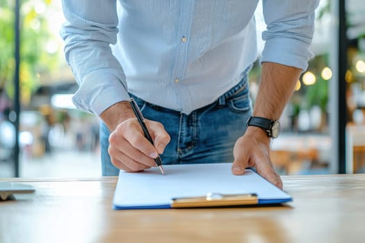 A Man writing on clipboard in modern workspace, focused on task