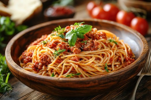 A Delicious spaghetti with rich tomato sauce, garnished with fresh basil and herbs, served in rustic wooden bowl