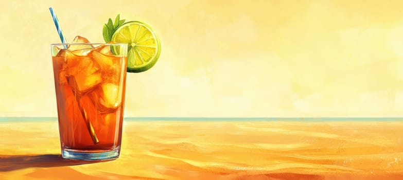 Iced tea in a tall glass with lime slices and a straw rests on a sandy beach, evoking a serene summer vibe. the warm, sunlit background offers space for text, ideal for print, card, or poster designs refreshing beverages.