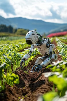 A sophisticated robotic crop weeder with articulated arms operates in a sunny vegetable field. designed for precision agriculture, it carefully navigates between rows, showcasing innovation in modern farming technology and robotics.
