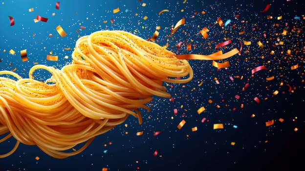 A vibrant and dynamic representation of spaghetti with colorful confetti, creating festive atmosphere