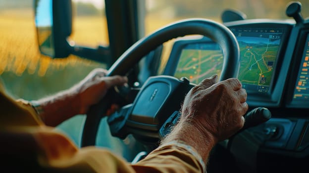 Hands tightly grasping the steering wheel of a modern tractor. digital monitors display field maps and metrics, showcasing advanced agricultural technology. the focus on technological integration highlights efficiency in farming operations.