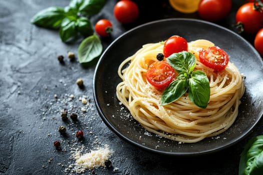 A Delicious spaghetti topped with fresh basil and cherry tomatoes, served on black plate, creating vibrant and appetizing dish