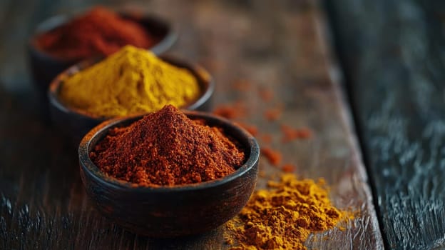 Colorful spices such as paprika, turmeric, and cumin are artfully arranged in small bowls on a dark wooden table. some of the spices are spilled, creating a natural and rustic effect, perfect for culinary and cooking themes.