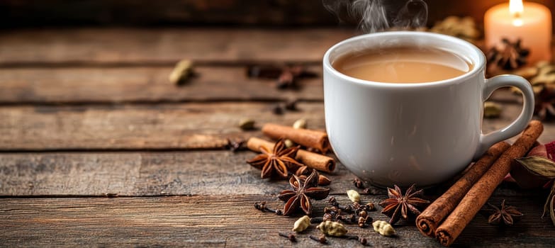 Steamy chai tea served in a clear cup on a rustic wooden table, surrounded by cinnamon sticks, star anise, and cardamom pods. warm autumn leaves enhance the inviting atmosphere, perfect for seasonal designs or cozy beverage promotions.