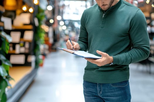 A Checking inventory on clipboard, man in green sweater focuses intently in modern retail space
