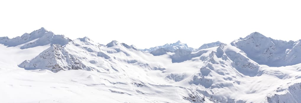 Panorama of winter mountains covered in snow isolated on white background. Mountain peaks in winter