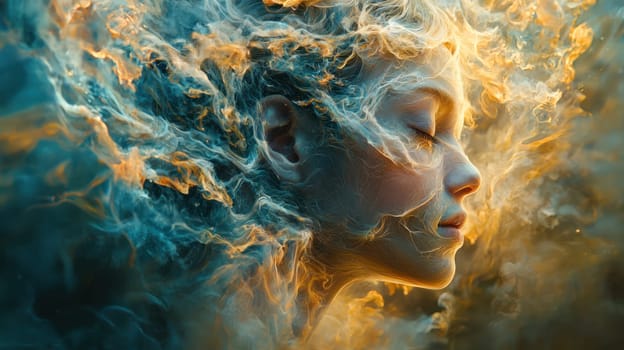 A surreal dreamlike scene featuring serene face surrounded by swirling colors and ethereal smoke, evoking sense of tranquility and wonder