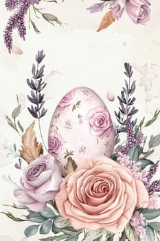 Sophisticated easter card template in watercolor style, showcasing soft pink roses, lavender, and a central egg with delicate brushstrokes. ideal for print or digital use, offering ample white space for personalized greetings.