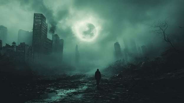 A surreal cityscape under dark sky, featuring lone figure amidst ruins, evokes haunting atmosphere