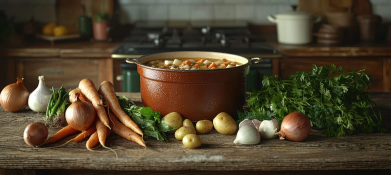 Fresh organic vegetables, including carrots, onions, potatoes, and herbs, arranged on a wooden table in a rustic farmhouse kitchen. natural light streams through a window, a simmering pot of vegetable soup, creating a cozy, inviting scene.