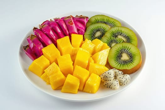 Overhead shot of a tropical fruit platter showcasing sliced mango, pineapple, dragon fruit, and kiwi on a white ceramic plate. the arrangement highlights their vivid colors and fresh appeal, perfect for healthy summer meals or culinary presentations.
