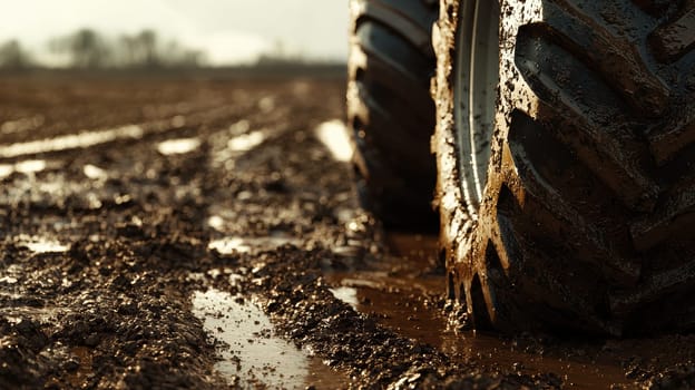 Close-up of a tractor tire covered in mud, its rugged durability amidst navigating a freshly plowed field. the earthy tones and textures emphasize the tractor's reliability and adaptability in challenging conditions.
