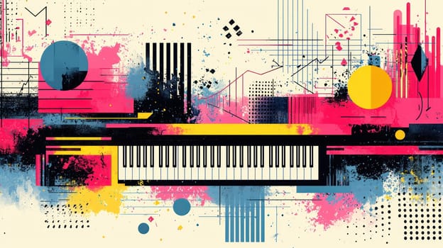 A Vibrant abstract art featuring colorful shapes and piano keyboard, evoking lively musical atmosphere