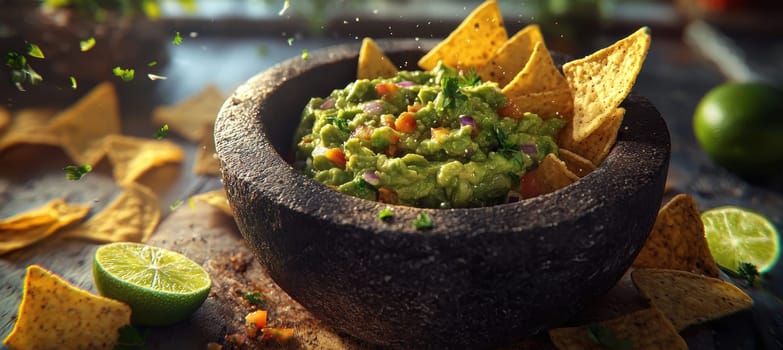 High-resolution depiction of vibrant, freshly made guacamole in a rustic stone mortar, accentuated by crispy tortilla chips and juicy lime wedges. the image rich textures of avocado and herbs, ideal for culinary presentations.