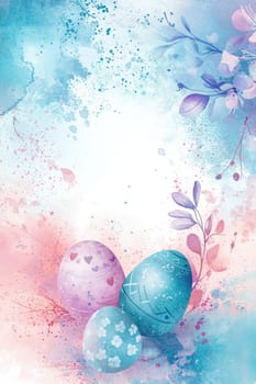 Artistic easter card template featuring a watercolor-inspired background in pastel shades. abstract eggs and delicate spring flowers frame a blank text area, creating a soft and elegant design suitable for holiday greetings.