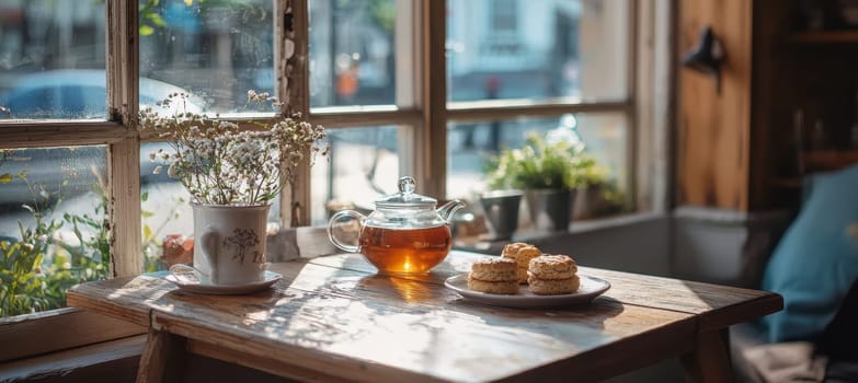 Warm morning light illuminates a cozy cafe table set with a steaming cup of tea and freshly baked scones. hints of greenery add a refreshing touch as the window view invites the outside world in, offering space for text or branding.