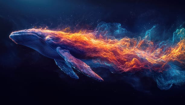 A mesmerizing whale swims through vibrant flames and swirling colors, embodying beauty of nature wonders