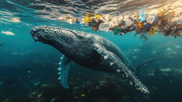 A majestic humpback whale swims gracefully beneath ocean surface, surrounded by plastic debris, highlighting urgent need for ocean conservation
