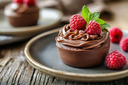 Luxurious chocolate mousse garnished with vibrant raspberries and fresh mint, artistically plated for a sophisticated culinary presentation. ideal for gourmet displays, food photography, or upscale menu design.