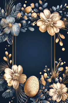 Luxurious easter card design featuring a navy blue background and intricate gold foil floral patterns. includes ornate easter eggs and a central blank area for personalized text. ideal for high-end greeting cards or festive easter invitations.