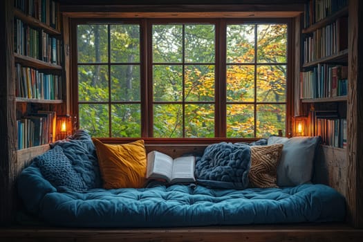 A cozy reading nook with large window, surrounded by books and soft cushions, invites relaxation and tranquility
