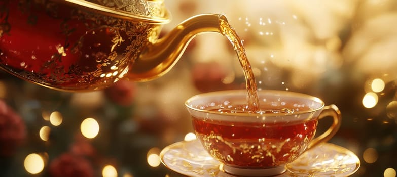 Luxurious tea pot gracefully pours deep red rooibos tea into a decorative porcelain cup. golden accents and soft, warm lighting enhance the elegance, creating a rich and inviting atmosphere perfect for sophisticated tea occasions.