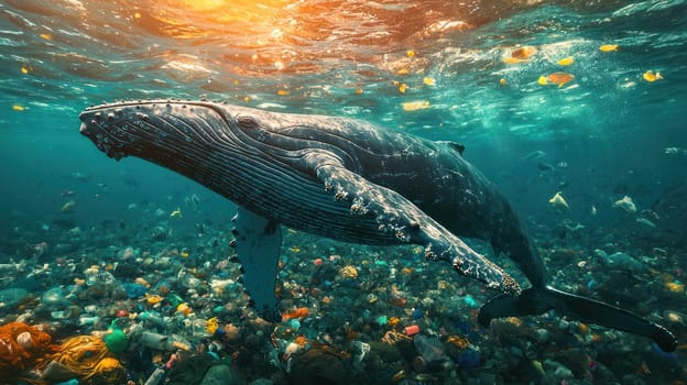 A majestic humpback whale breaching through sea of plastic waste, showcasing beauty and tragedy of ocean pollution