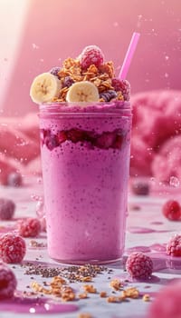 Glass jar brimming with blended berries and bananas, layered with granola and chia seeds, set on a marble countertop. light, airy backdrop enhances the vibrant colors of the smoothie, perfect for health-focused breakfast or snacks.