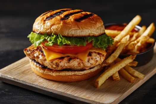 Juicy grilled chicken burger topped with fresh lettuce, ripe tomato, and cheddar cheese, served with crispy golden fries. the scene perfect balance of freshness and indulgence, ideal for food lovers and culinary enthusiasts.
