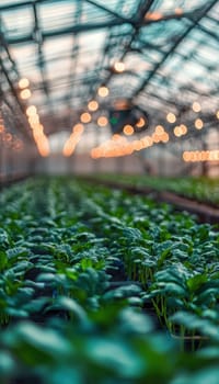 Robotic arms tend to crops in a futuristic greenhouse, innovations in indoor farming and automation. soft led lighting enhances plant growth, emphasizing sustainability and technological advancement in agriculture.