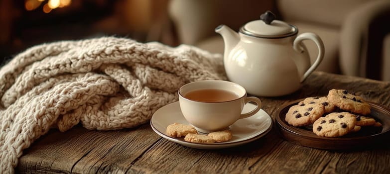 A comforting autumnal setup featuring a steaming cup of tea in a vintage floral cup, surrounded by delectable cookies on a rustic wooden table. a weathered teapot and soft woolen blanket enhance the cozy, inviting atmosphere.