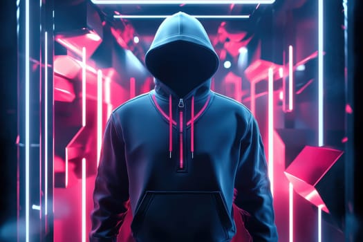 Hoodie showcased in a virtual studio with futuristic elements, featuring geometric shapes and soft neon lighting, tech-inspired design. ideal for modern fashion presentations and innovative digital art concepts.