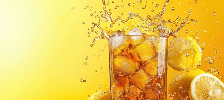Iced tea splashes into a tall glass filled with ice cubes and lemon slices, set against a vibrant yellow backdrop. this dynamic and refreshing scene conveys a sense of summer freshness and energy, perfect for beverage promotions.