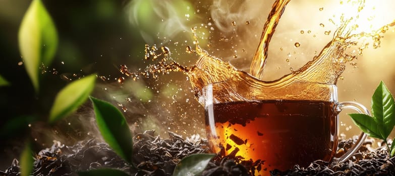 Pouring hot black tea creates an energetic splash with visible steam, set against a warm, inviting background. tea leaves surround the scene, adding an authentic touch. ideal for branding designs, print, or culinary promotions.