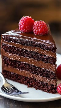 A close-up of a luxurious chocolate cake slice on a pristine white plate, showcasing layers of rich chocolate ganache topped with fresh raspberries. the softly blurred background enhances the focus on this decadent dessert, ideal for culinary presentations.