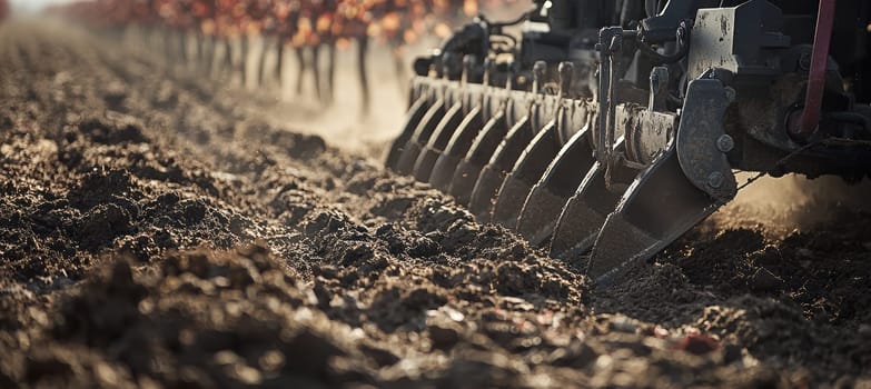 A powerful cultivator machine works the soil in a vineyard, showcasing sharp blades cutting through the earth. the scene is set in warm autumn light, the rich texture of the soil and surrounding grapevines ready for harvest.