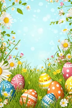 Brightly colored easter eggs rest in a vibrant spring meadow full of daisies and blooming flowers. a spacious blank area in the center is perfect for adding personalized text, making it ideal for creating festive posters or cards.