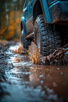 Safe journey: vehicle cautiously navigating a damp roadway, emphasizing the importance of driving safety and vehicle control on slippery surfaces while adapting to challenging wet road conditions
