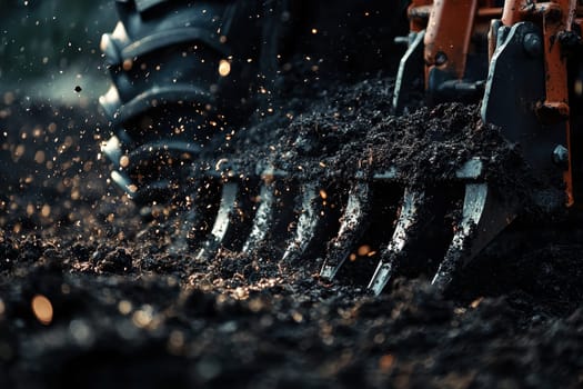 A dynamic scene of a powerful tiller machine vigorously churning dark, fertile soil. detailed focus on the moving blades scattering earth, preparation steps for planting, capturing the essence of agricultural machinery in motion.